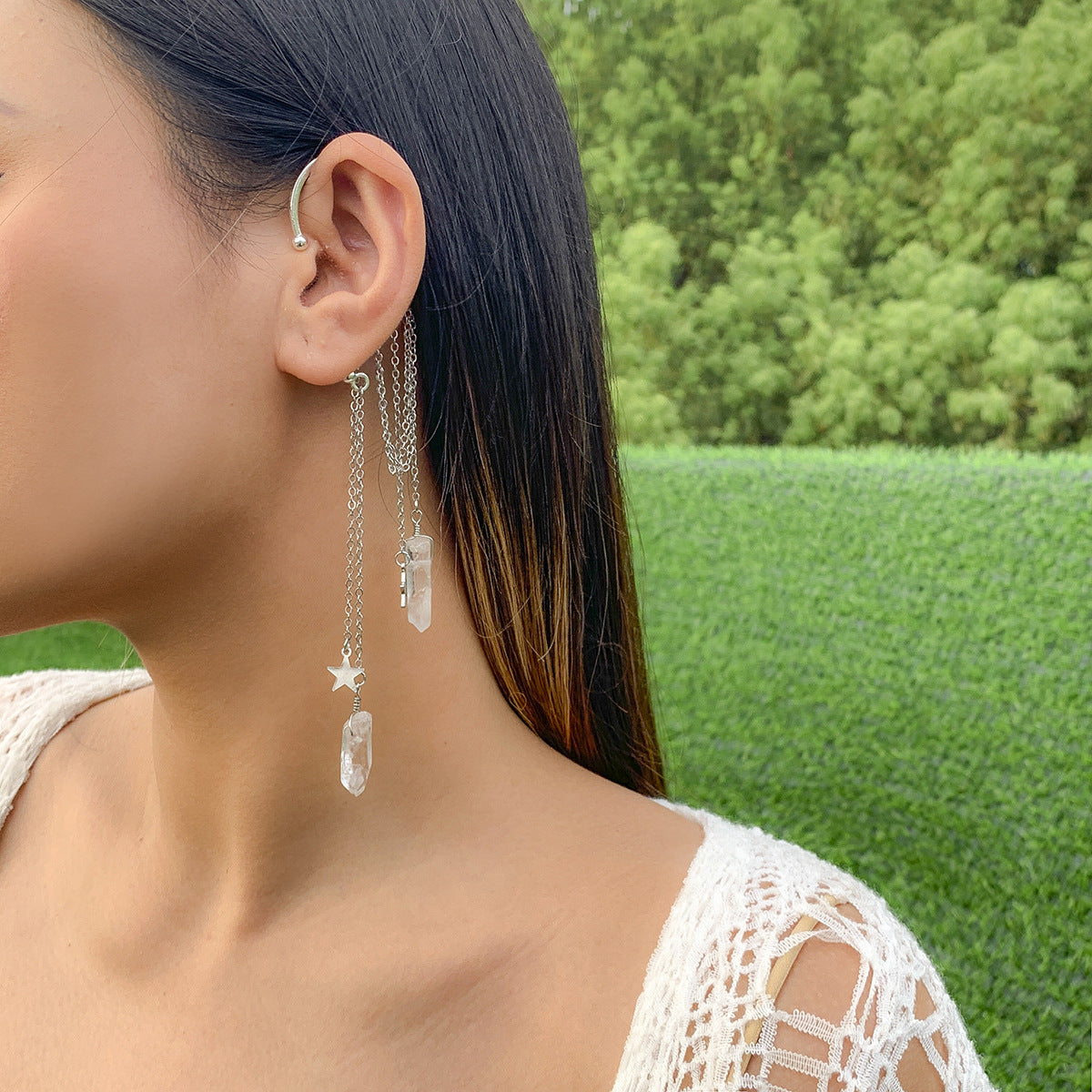 Jewelry Creative Imitation Crystal Tassel Elf Earring Female Simple Single Chain Star Earrings