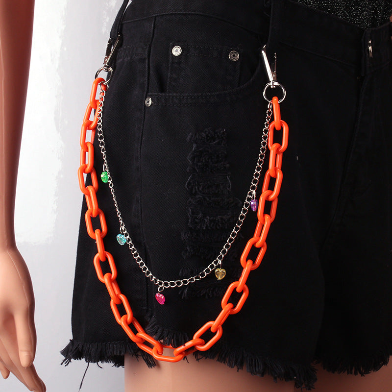 Jewelry Acrylic Double Chain Keychain Pendant Hip Hop Pants Chain Fashion Peach Heart Decoration