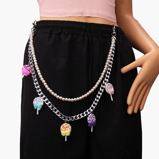 Jewelry Fashion Creative Bow Knot Lollipop Pants Chain Cartoon Cotton Candy Double Layer Pearl Waist Chain