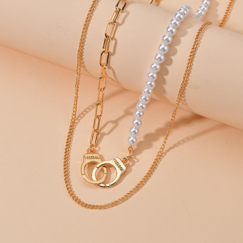 Fashion Alloy Handcuffs Asymmetrical Multilayer Necklace Simple Imitation Pearl Necklace Accessories