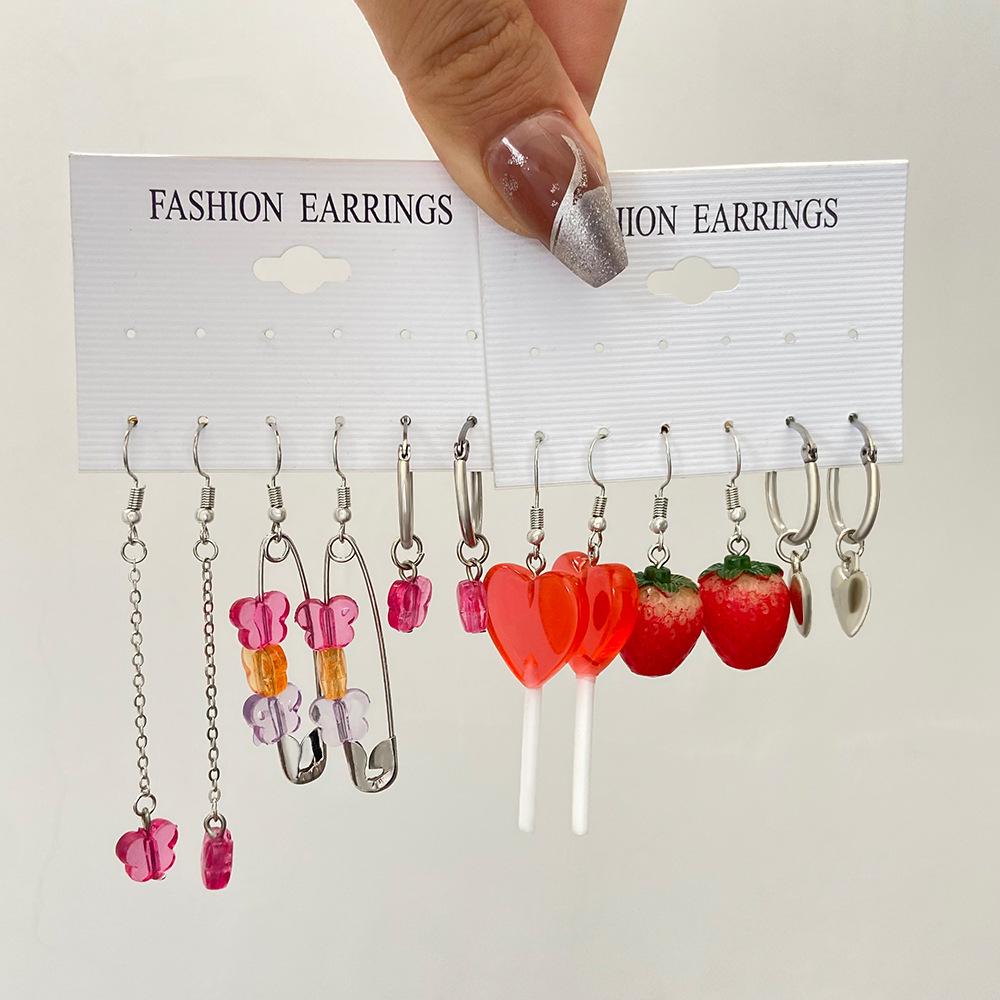 ins resin love earrings set fashion acrylic strawberry butterfly paper clip earrings set of 6