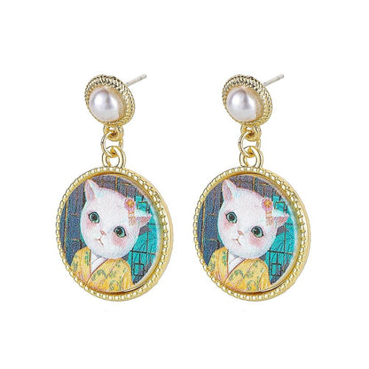 French Retro Court Cat Oil Painting Earrings Cute Animal Pattern Pearl Ladies Earrings