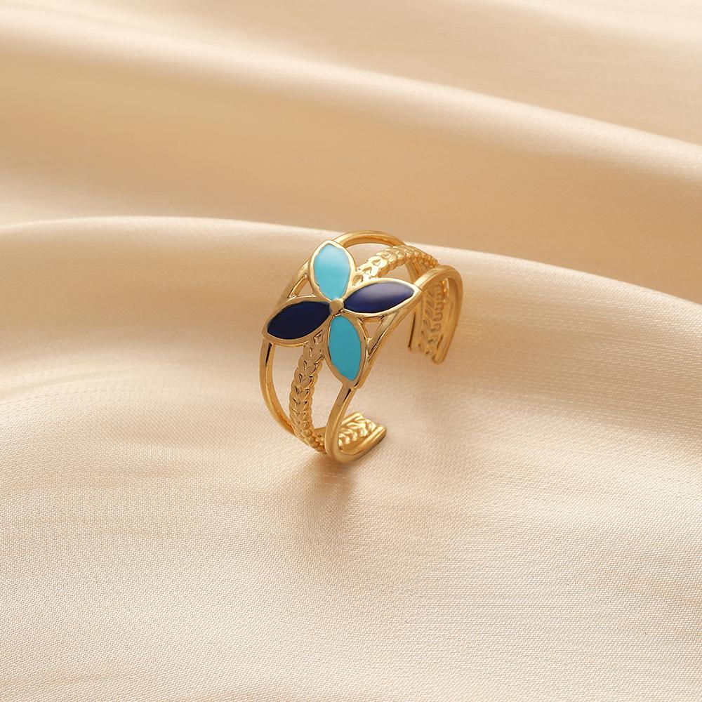 Simple Retro Ladies Stainless Steel Fashion Opening Adjustable Color Matching Four Leaf Flower Oil Drop Ring