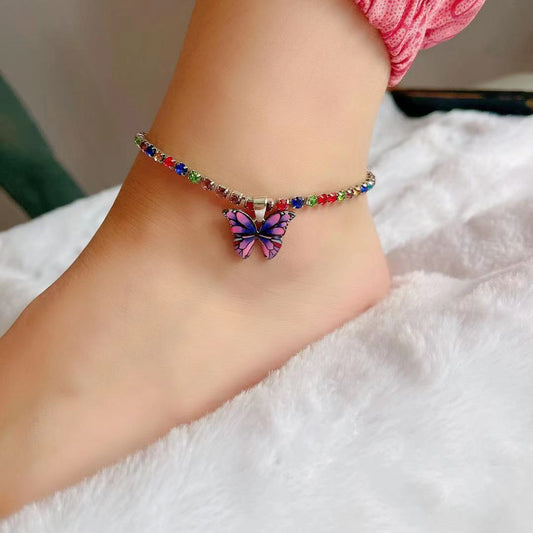 Creative Rhinestone Butterfly Pendant Anklet Women's Popular Butterfly Element Shiny Diamond Foot Jewelry for Women