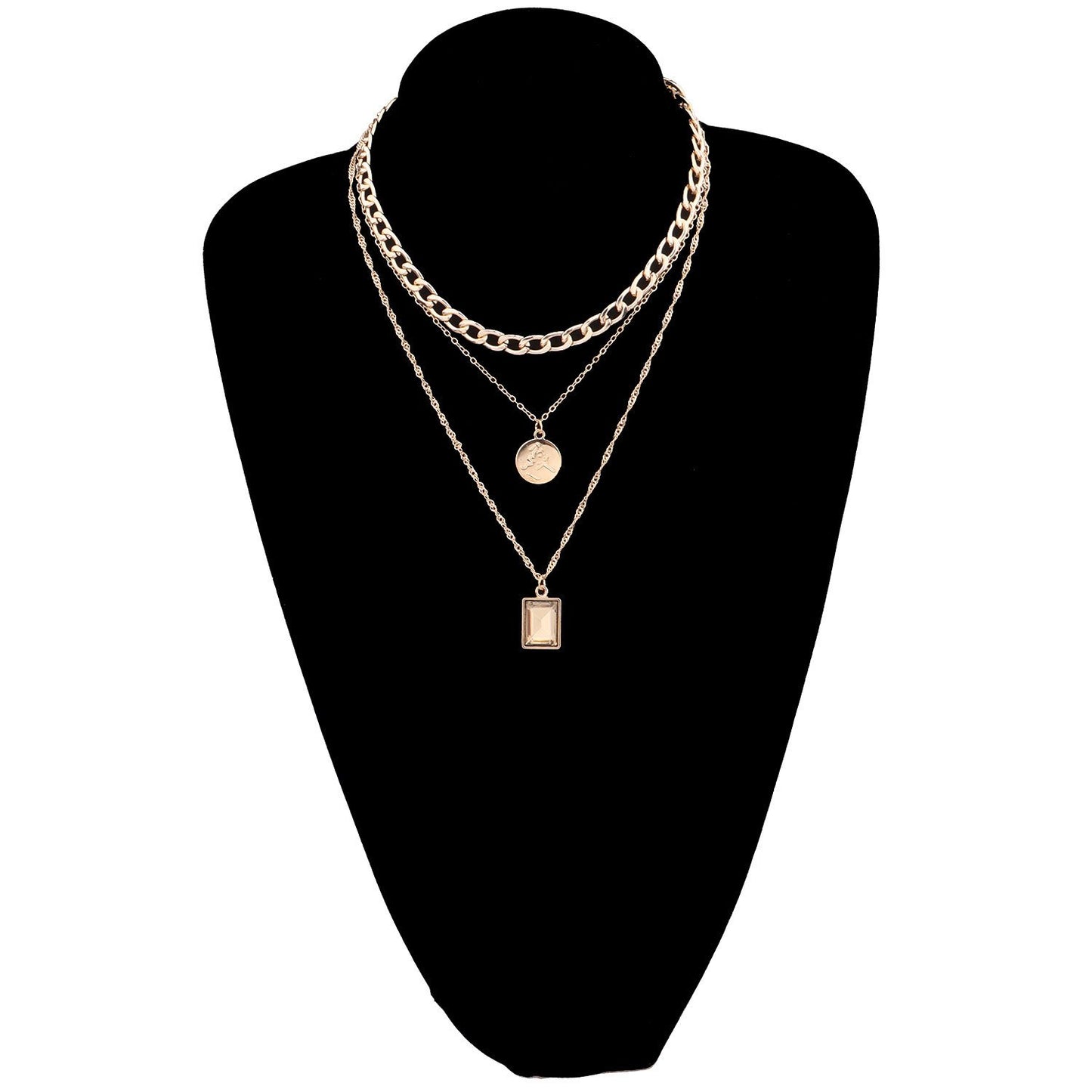 Jewelry Fashion Geometric Square Glass Pendant Necklace Female Exaggerated Aluminum Chain Disc Multilayer Necklace
