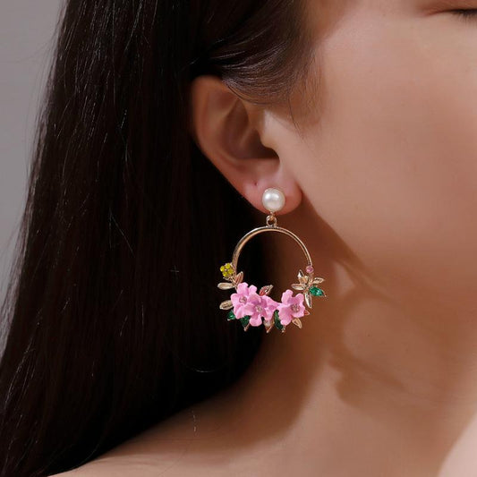 Ins sweet flower earrings net red same temperament color wreath pearl earrings female earrings