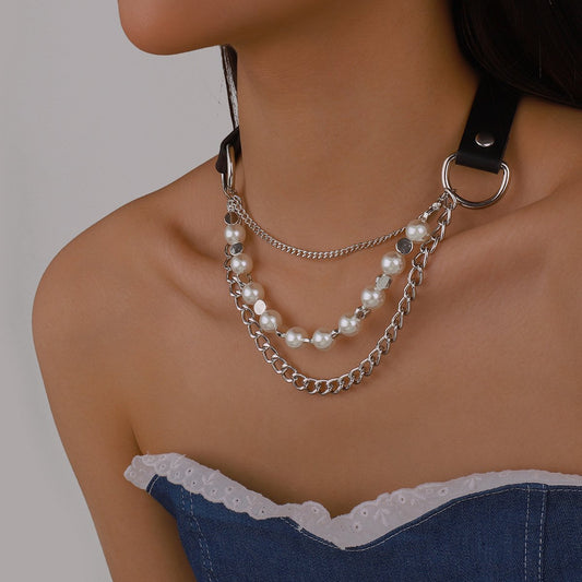 1513 irregular choker necklace PU leather imitation pearl chain multi-element exaggerated necklace
