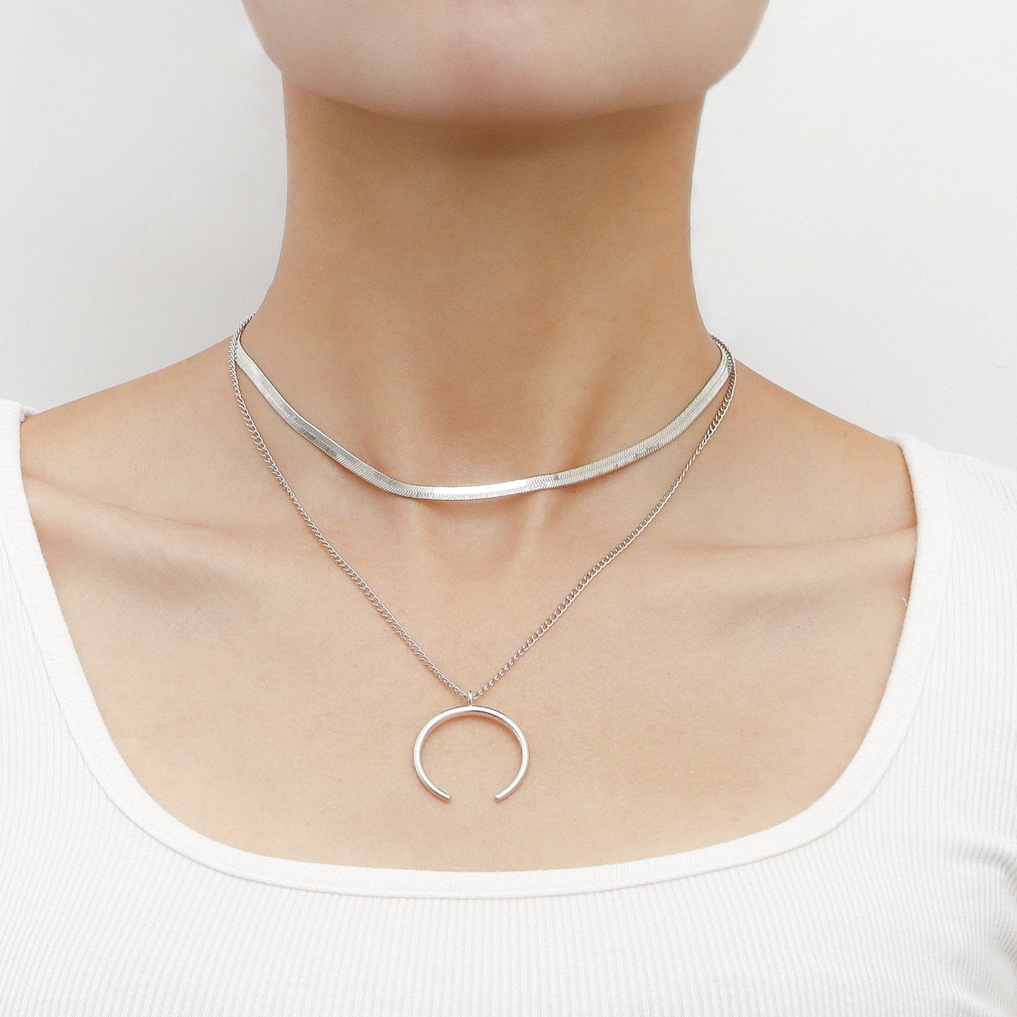 Jewelry trendy double-layer flat snake chain crescent pendant necklace female cold metal texture necklace