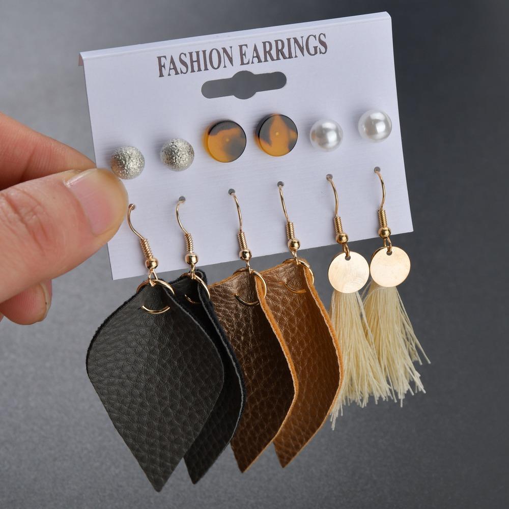 Earrings Boho Tassel Drop Earrings Vintage Leather Acetate Stud Set of Six