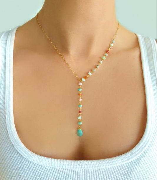 Jewelry Turquoise Pendant Color Rice Beads Chain Necklace Femininity Fashion Simple Necklace