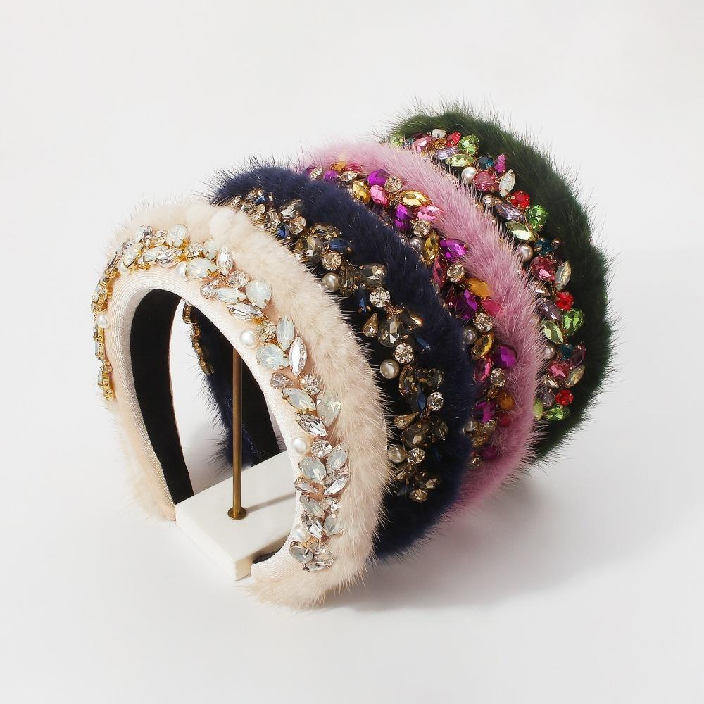 F3658 fabric mink hair ornament pearl catwalk retro hair hoop personalized heavy industry age-reducing head hoop