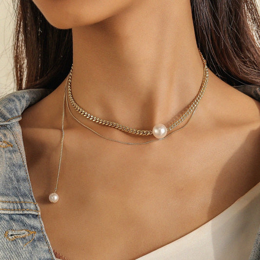 Fashion simple temperament double-layer chain ins all-match cold hip-hop pearl necklace clavicle chain female