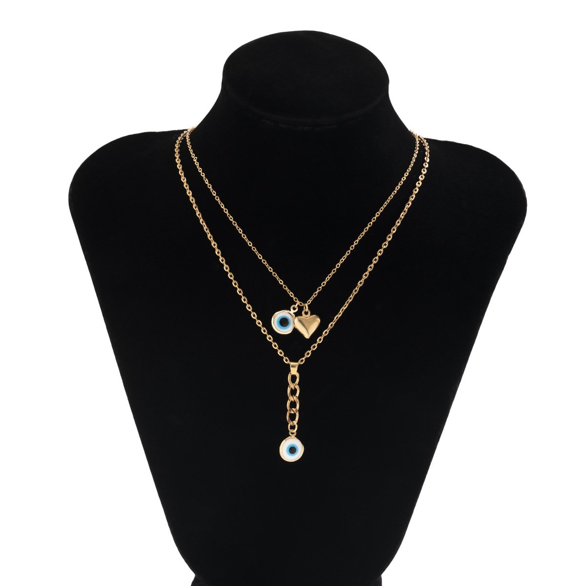 Jewelry simple eye heart-shaped pendant tassel double layer necklace versatile thin chain geometric necklace