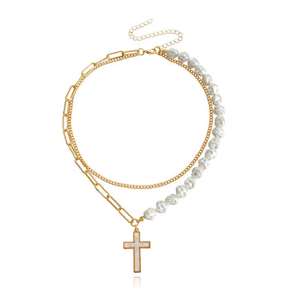 Jewelry fashion trendy double-layer splicing chain imitation pearl cross white mother-of-pearl pendant necklace female