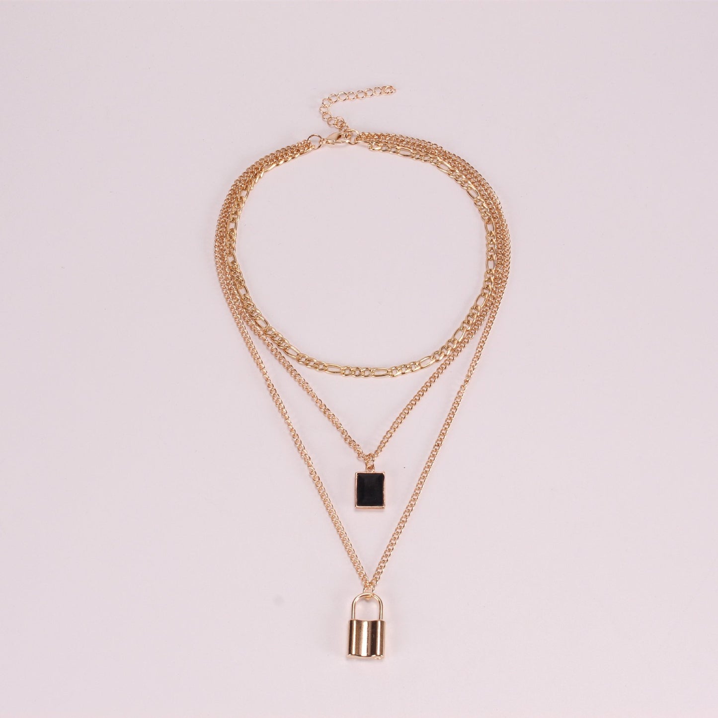 Mix and match geometric multi-layer jewelry square brand black diamond pendant snake bone chain temperament lock necklace