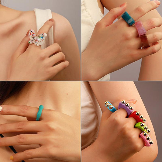 ins transparent resin ring diamond love butterfly acrylic ring multicolor geometric jewelry