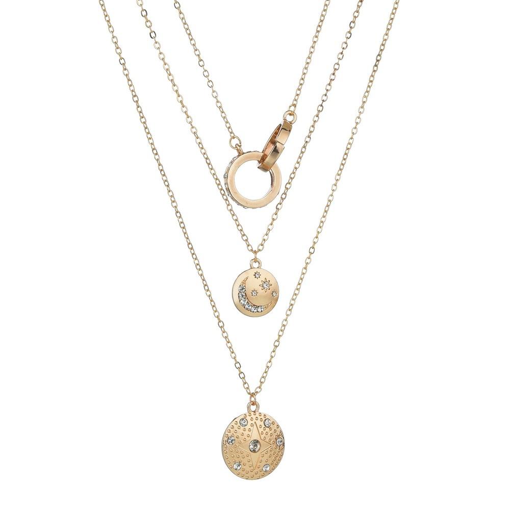 Fashion Alloy Rhinestone Star Moon Pendant Necklace Vintage Multilayer Necklace Accessories