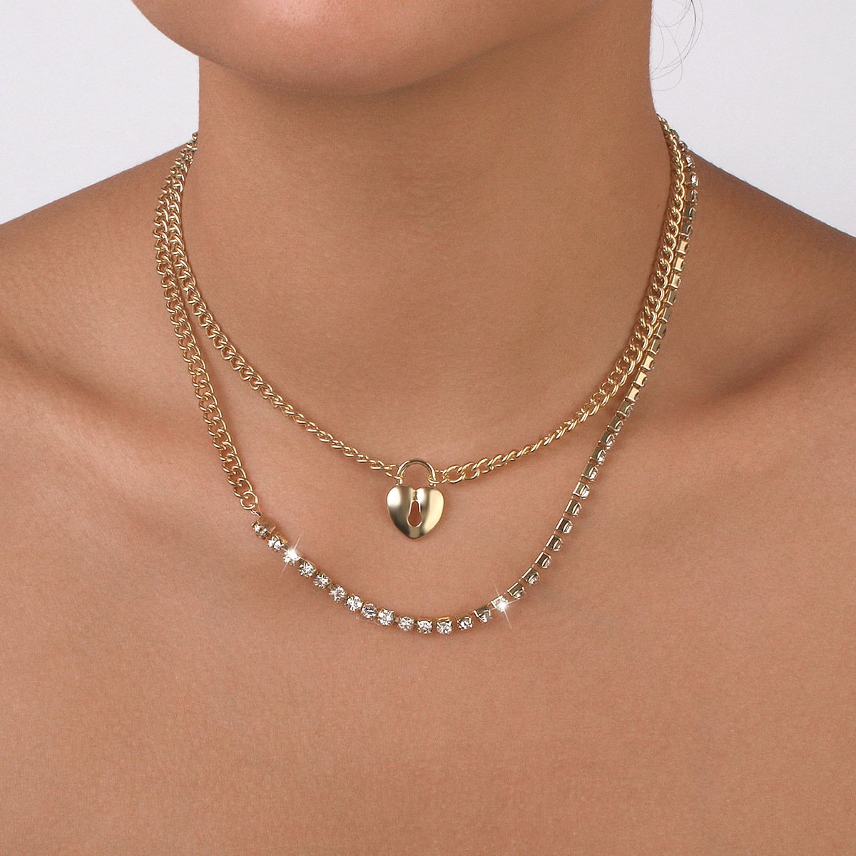 N118 Multi-Layered Wearing Love Rhinestone Necklace Stitching Geometric Shining Small Fashion Necklace