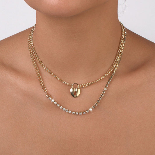N118 Multi-Layered Wearing Love Rhinestone Necklace Stitching Geometric Shining Small Fashion Necklace