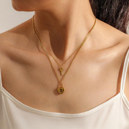 Personalized Stainless Steel Lock Key Pendant Fashion Street Hip Hop Gold Plated Love Lock Necklace