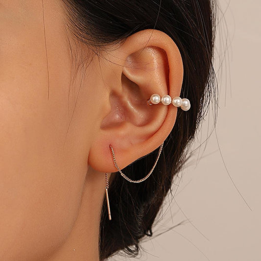 ins simple pearl ear bone clip female fashion temperament niche design long tassel ear wire single earring