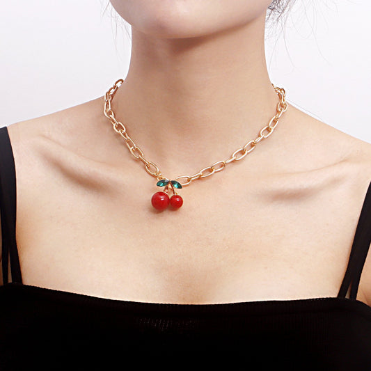 Jewelry y2k geometric exaggerated thick chain big red cherry pendant necklace female explosive necklace