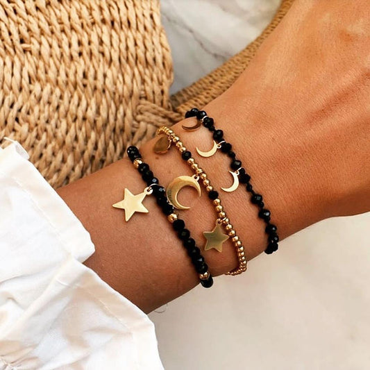 Fashion Three-piece Bracelet Handmade Black Beaded Star Moon Bracelet Popular Set Jewelry