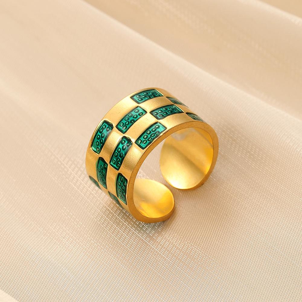 Fashion Simple Checkerboard Drip Oil Design Minority Stainless Steel Ring Original Versatile Women