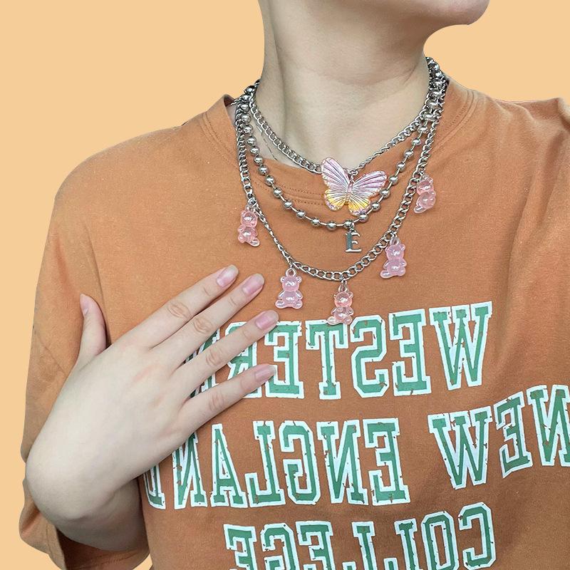 Jewelry simple multi-layer ball chain necklace female retro bear butterfly pendant necklace set
