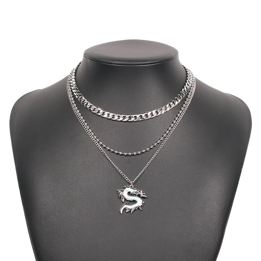 N8992 Exaggerated Multilayer Necklace Female Dragon Totem Bead Cuban Chain Necklace Retro Geometric Creative Necklace