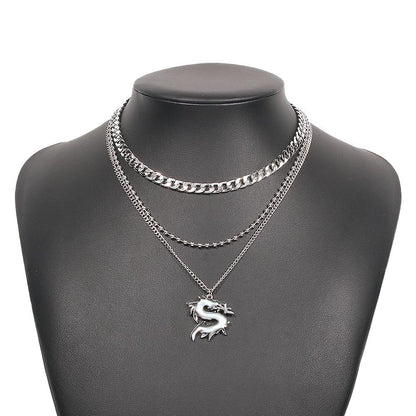 N8992 Exaggerated Multilayer Necklace Female Dragon Totem Bead Cuban Chain Necklace Retro Geometric Creative Necklace