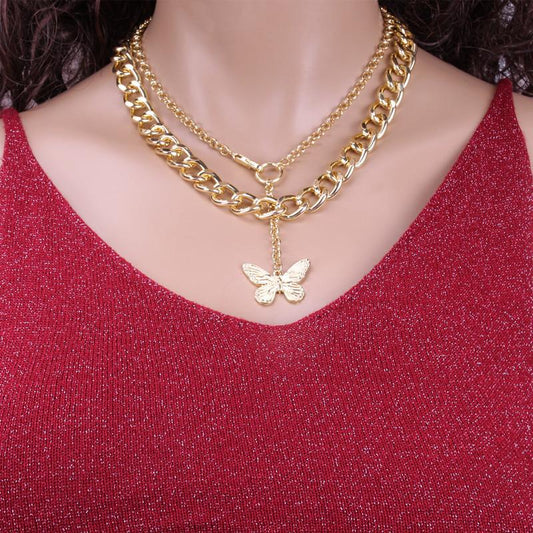 Fashion double thick chain necklace ins retro metal butterfly exaggerated personality chain hip-hop necklace
