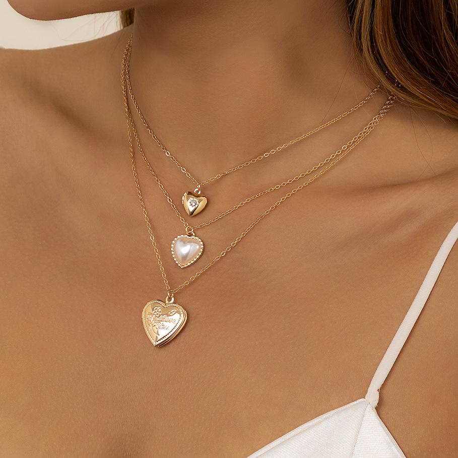 Jewelry Personality Metal Opening Peach Heart Pendant Necklace Temperament Retro Pearl Chain Necklace Female