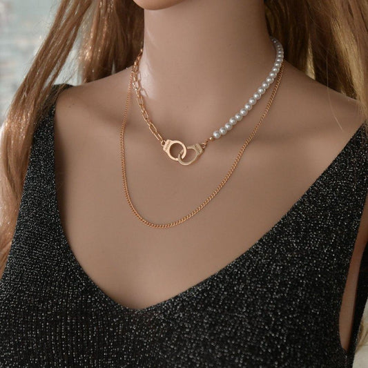 Fashion Alloy Handcuffs Asymmetrical Multilayer Necklace Simple Imitation Pearl Necklace Accessories