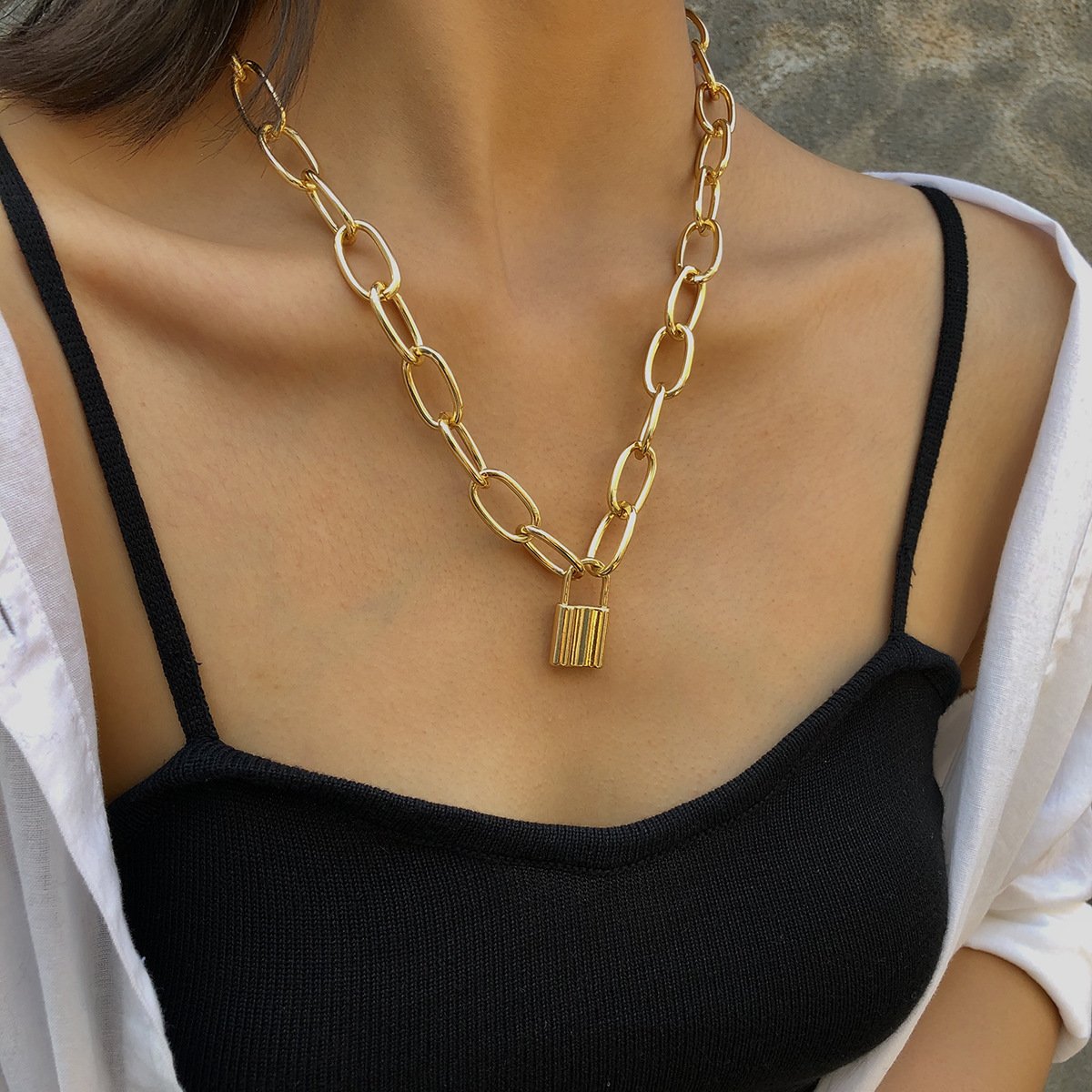 Jewelry Simple Thick Chain Geometric Necklace Sweater Chain Hip Hop Punk Lock Single Layer Retro Necklace