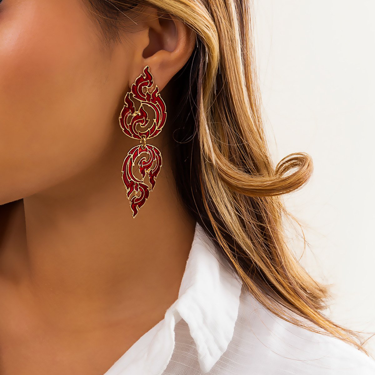 Jewelry geometric exaggerated hollow out dripping oil earrings national three-dimensional double flame niche earrings