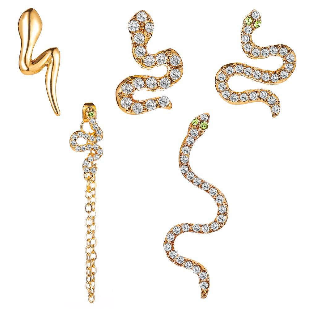 Set earrings personality five-piece set full of diamonds snake-shaped earrings punk street hipster earrings