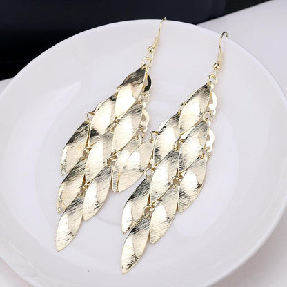 Atmospheric ethnic long string leaf-shaped brushed metal earrings