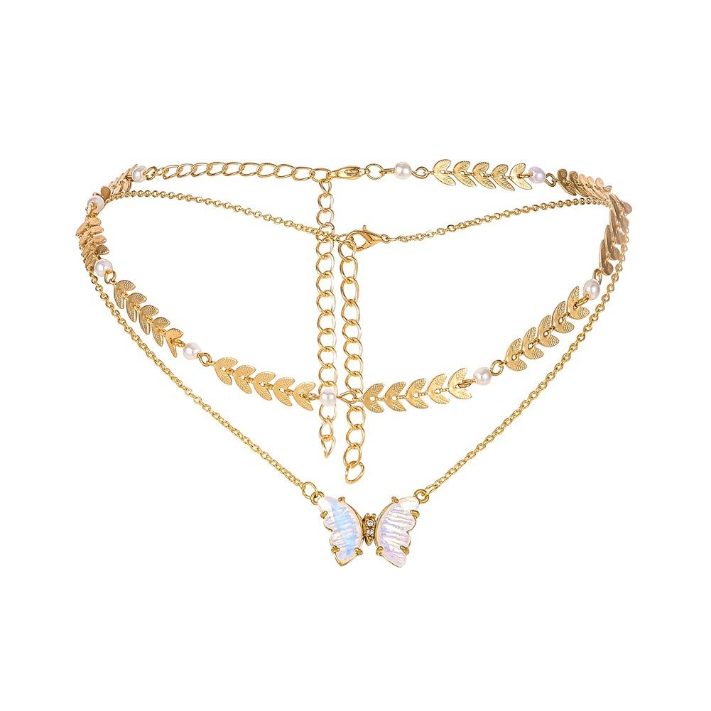 Temperament pearl wheat ear double-layer clavicle chain stainless steel gold-plated color shellfish butterfly titanium steel pendant necklace jewelry