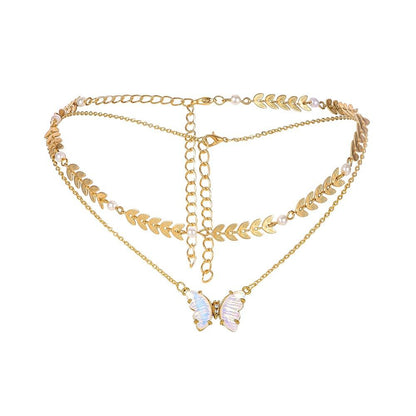 Temperament pearl wheat ear double-layer clavicle chain stainless steel gold-plated color shellfish butterfly titanium steel pendant necklace jewelry