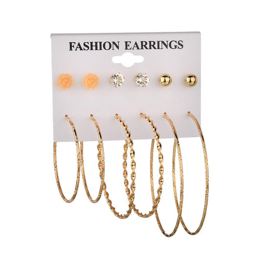 Accessories Creative 6 Pairs of Plate Earrings Set Rose Flower Diamond Stud Earrings Exaggerated Earrings Female