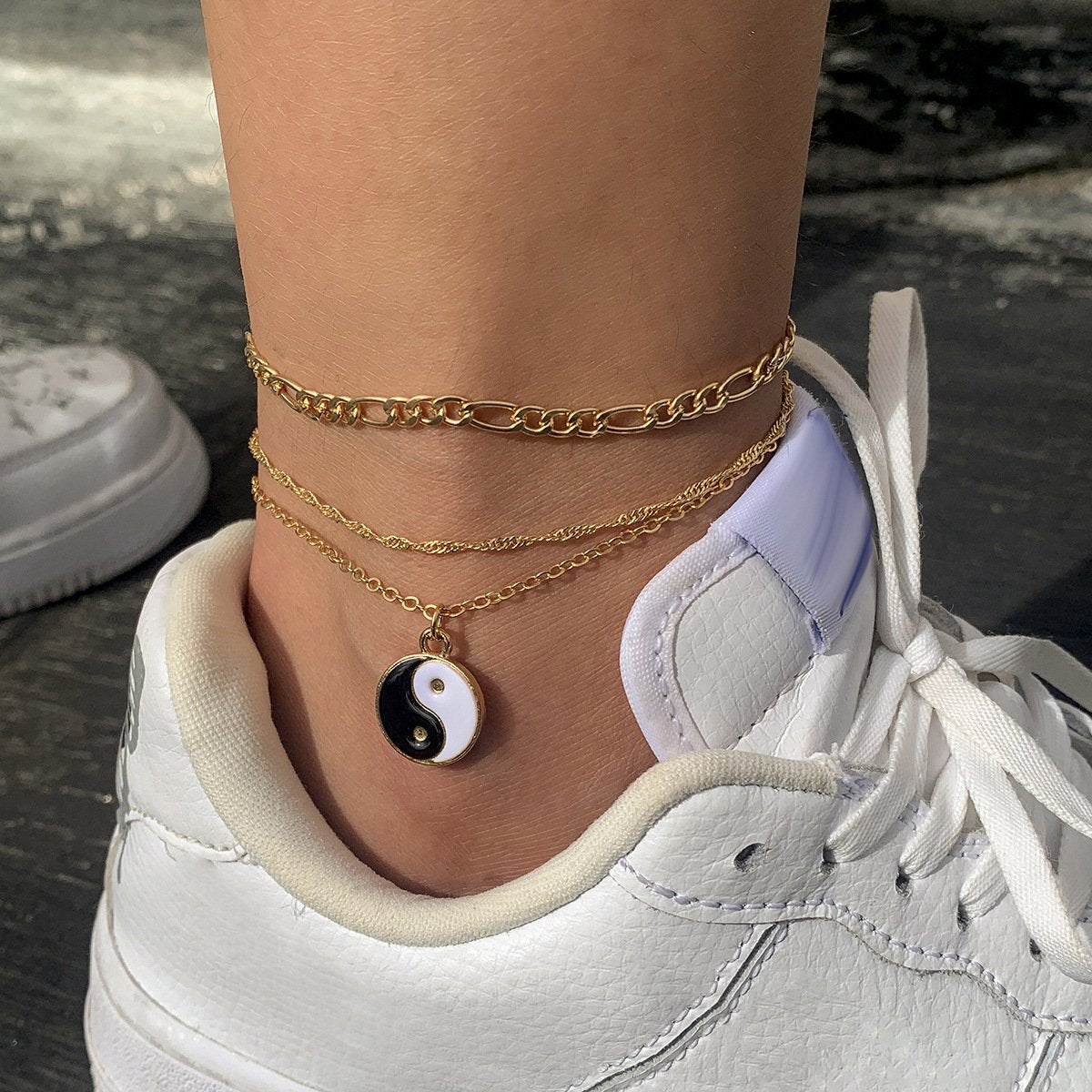 Jewelry Retro Simple Drip Oil Tai Chi Anklet Fashion Personality Metal Chain Foot Decoration Set