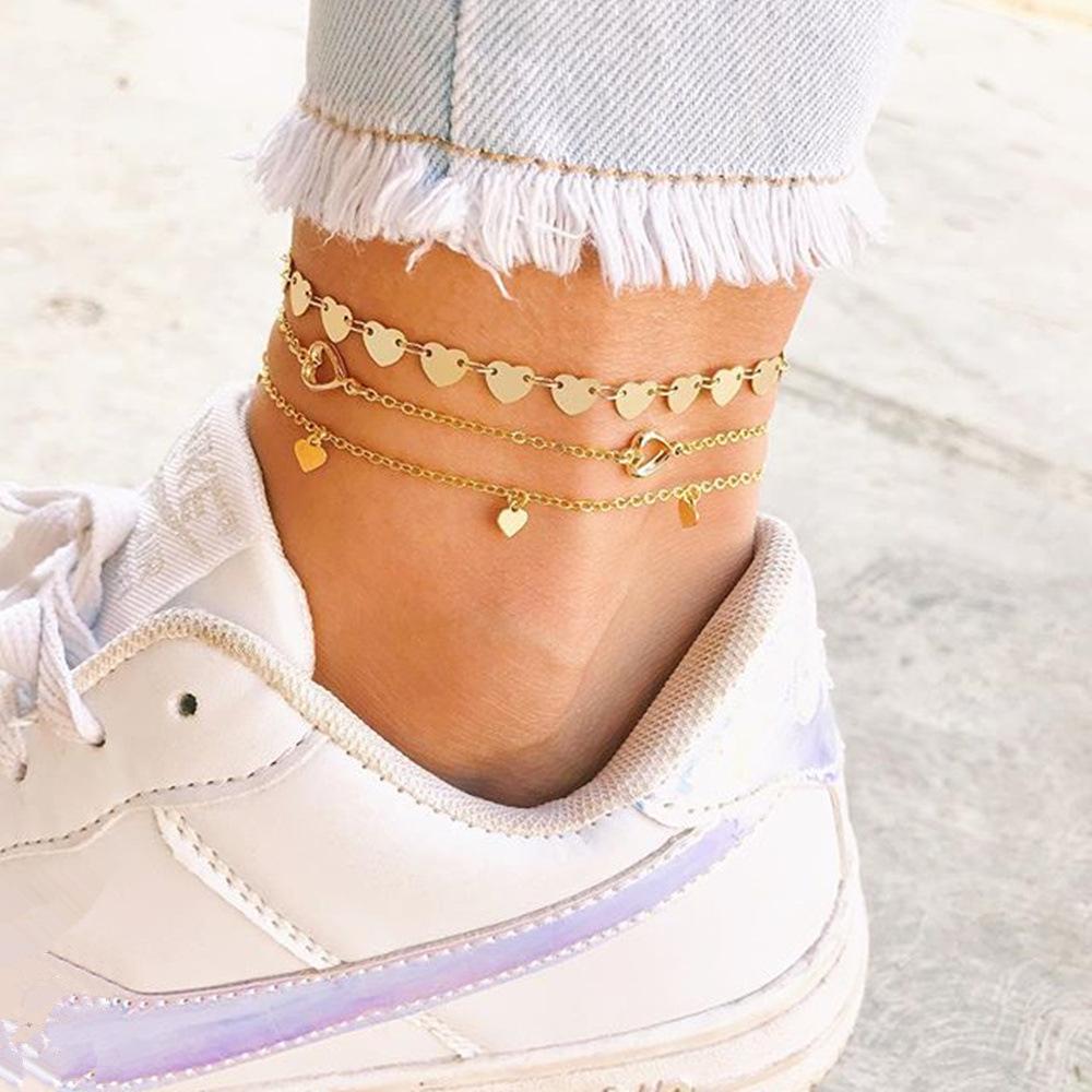 Trendy Gold Three-Piece Anklet Pop Heart Pendant Anklet Accessories