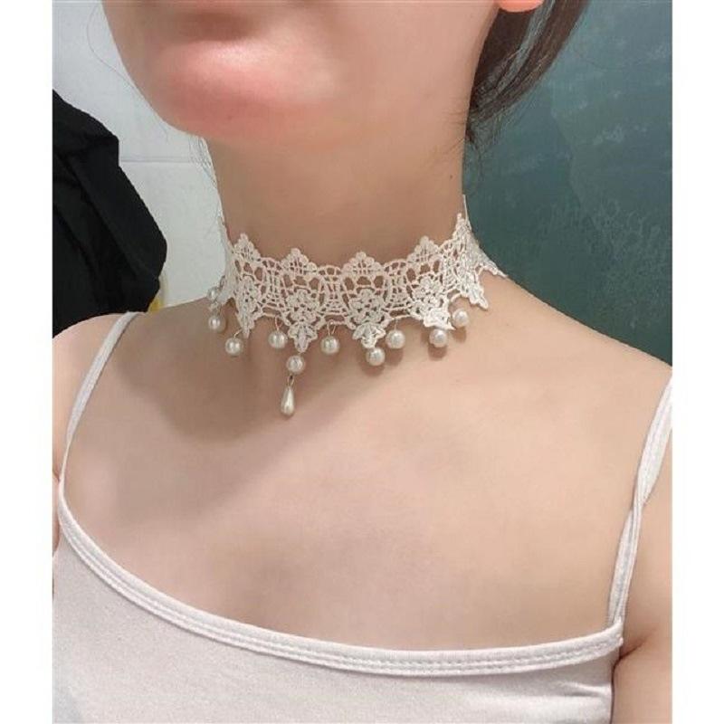 Retro super fairy white lace pearl pendant collar choker sweet and gentle short neck strap clavicle chain