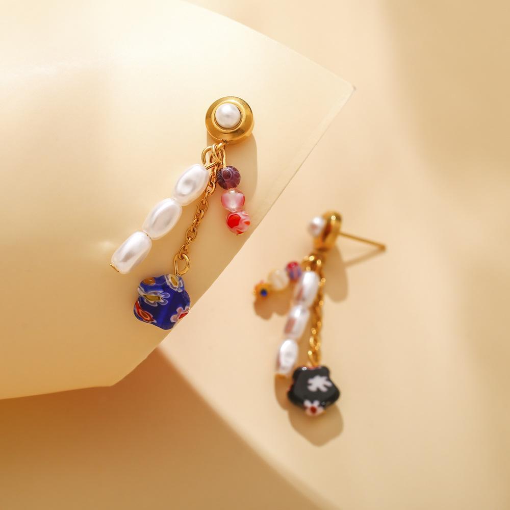 Fashion stainless steel special-shaped baroque imitation pearl mixed color glass flower earrings titanium steel elegant trendy earrings