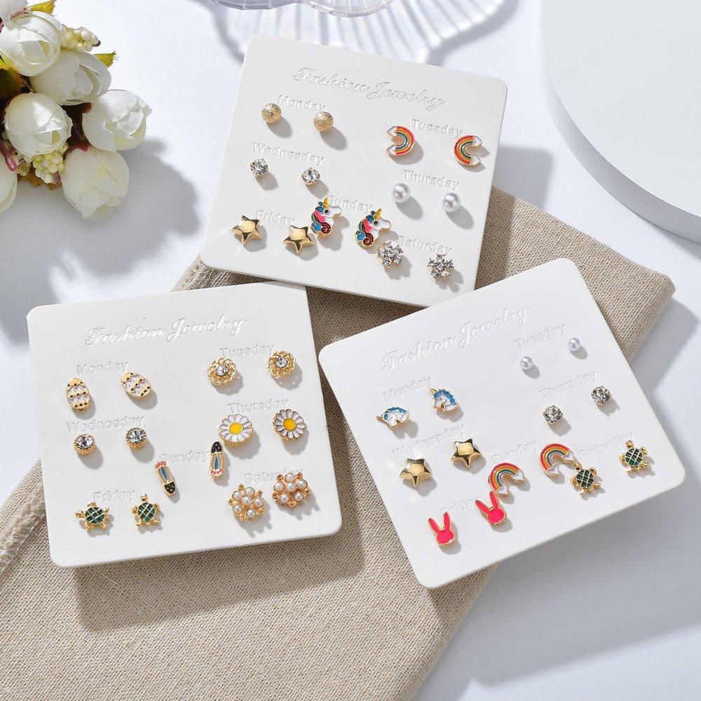 One week earring combination set Internet celebrity cartoon cute rainbow unicorn earrings student female earrings