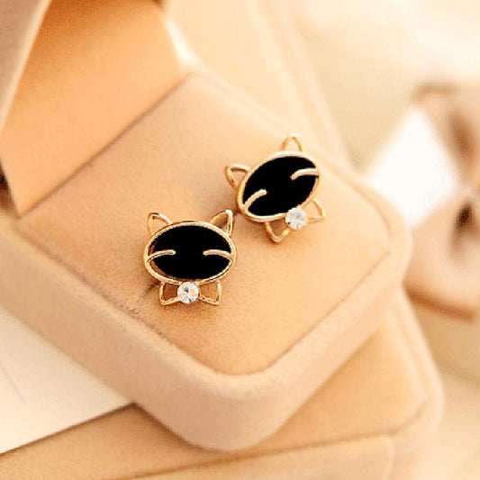 Fashion Cute Black Smiley Cat Rhinestone Earrings Metal Drip Cat Earrings Female Student Jewelry