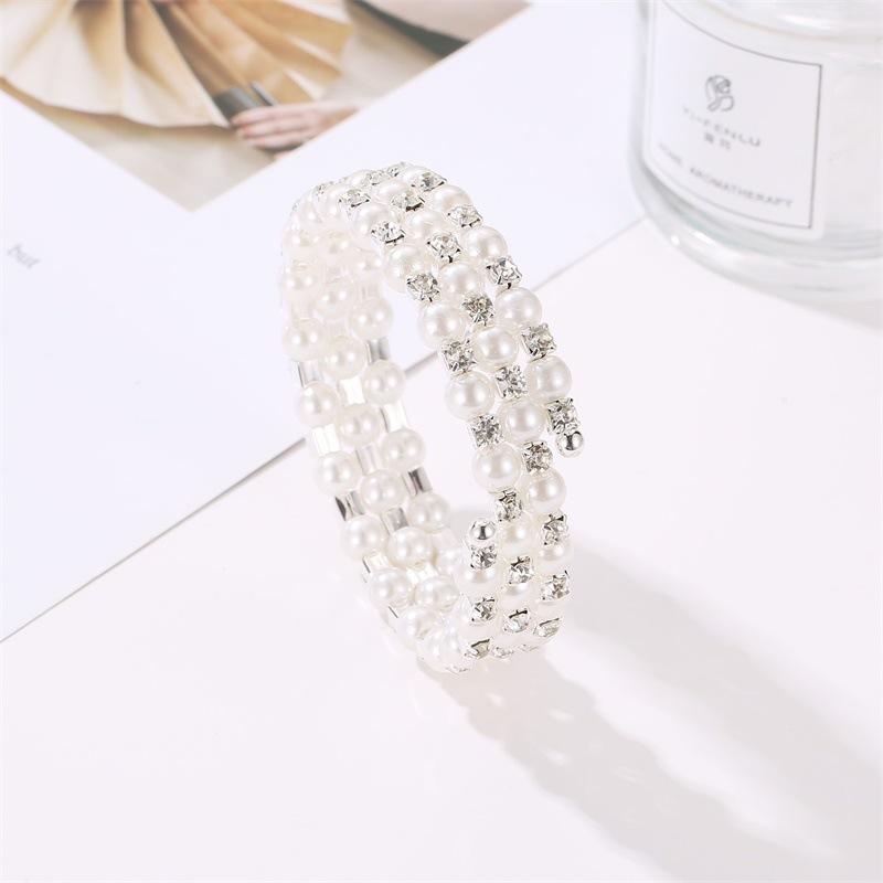 Jewelry sweet full diamond spring bracelet three layers of pearl winding spiral bracelet bridal jewelry