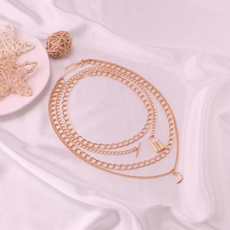 Jewelry Creative Lock Alloy Moon Necklace Fashion Simple Multilayer Chain Necklace Women