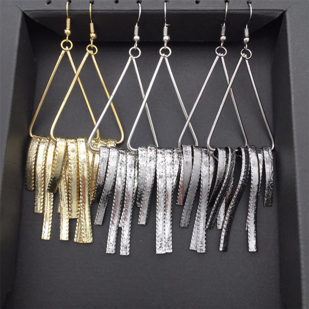 Simple Triangle Ring Vertical Strip Tassel Earrings Yunnan Minority Fashion Metal Earrings